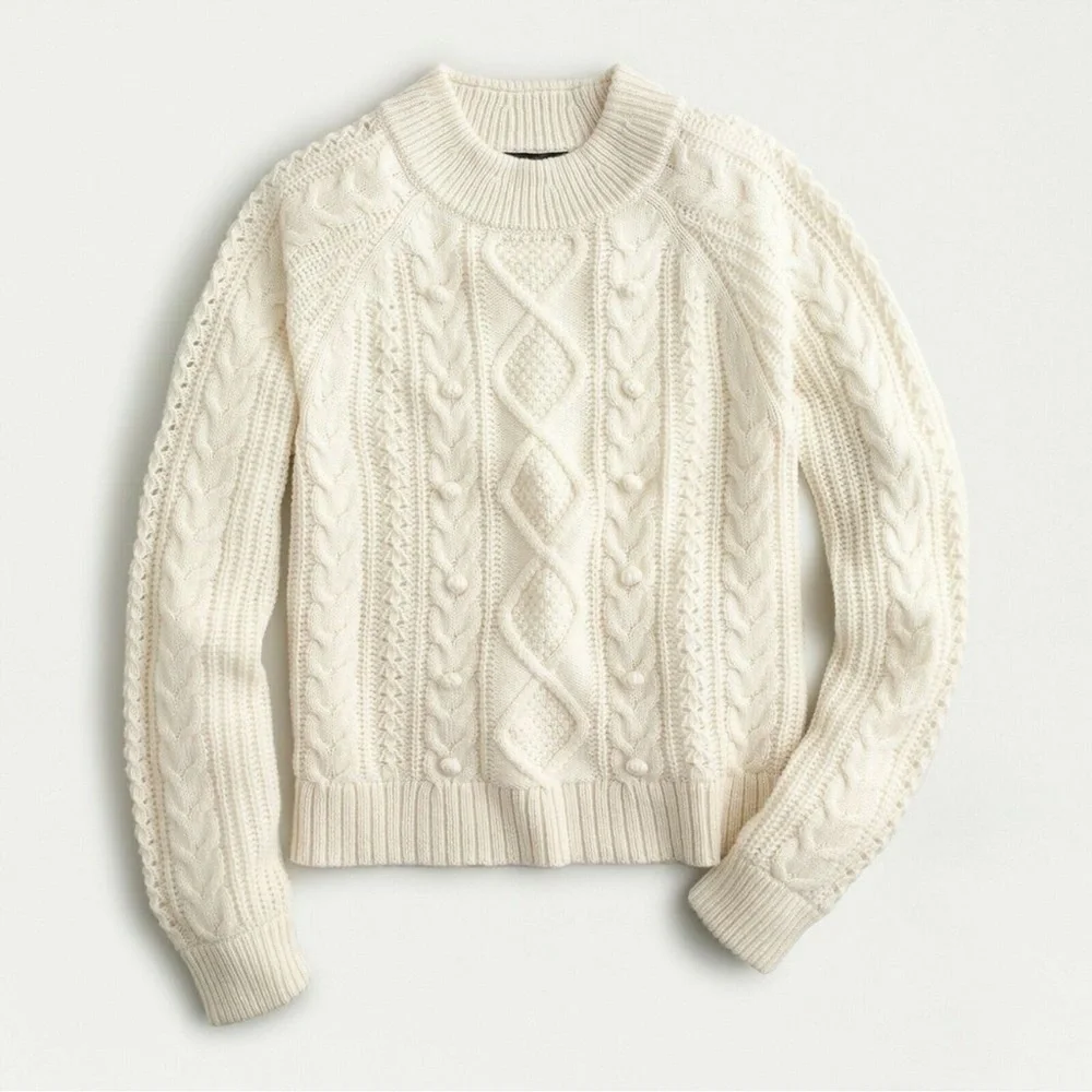 NEW J. Crew Pom-Pom Cable-Knit Pullover Crew Neck Sweater Natural Cream Small